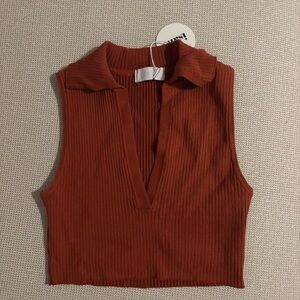 Rust Sleeveless Collared Crop Top